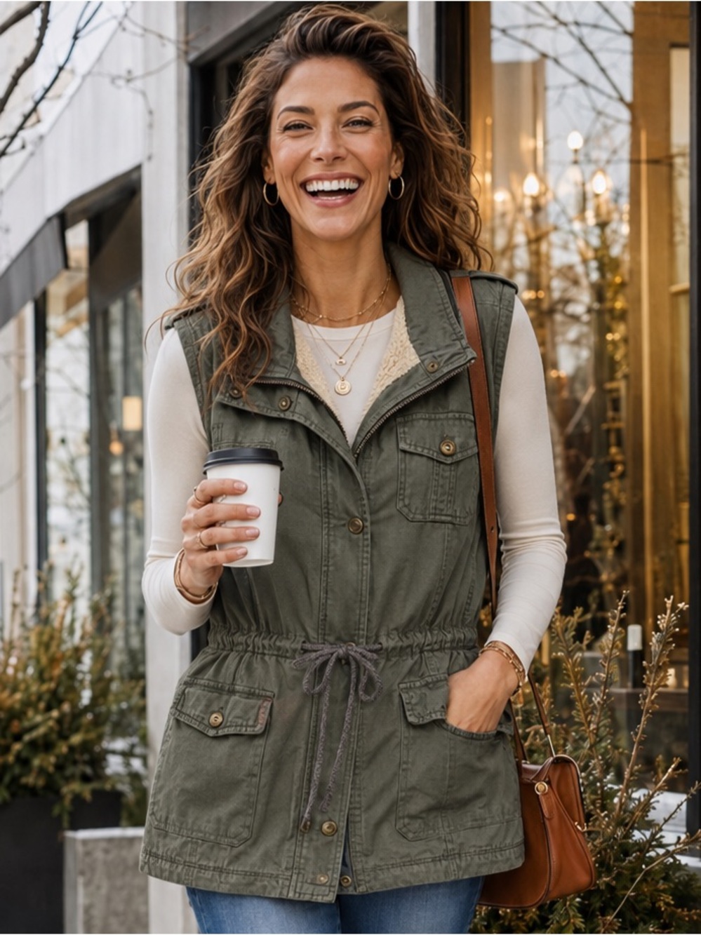 C’ESTTOI Olive Green Sherpa Lined Utility Vest Size Large